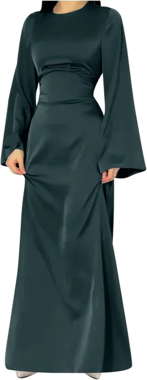 Women's Slip Satin Maxi Dress Elegant Empire Waist Long Dress Full Length Abaya Kaftan Dresses Islamic Robe Dresses