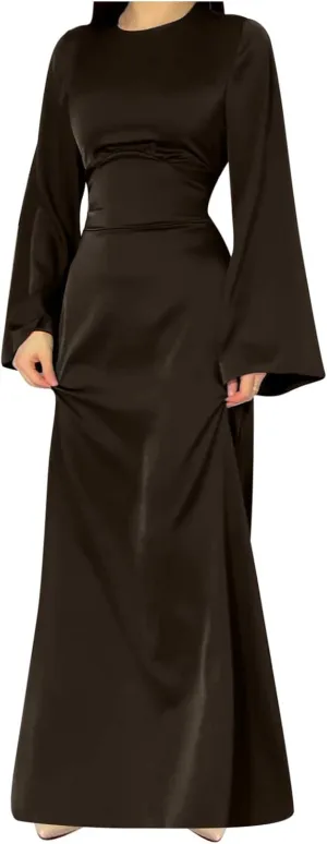 Women's Slip Satin Maxi Dress Elegant Empire Waist Long Dress Full Length Abaya Kaftan Dresses Islamic Robe Dresses