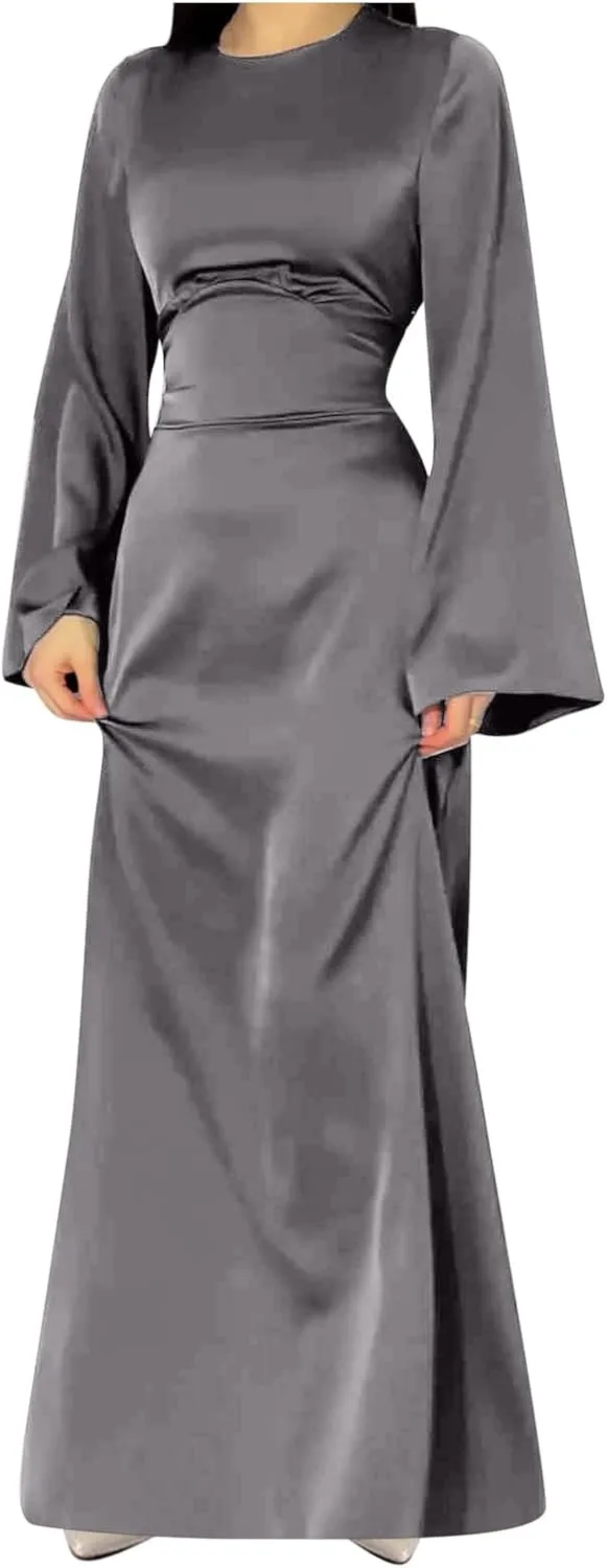 Women's Slip Satin Maxi Dress Elegant Empire Waist Long Dress Full Length Abaya Kaftan Dresses Islamic Robe Dresses