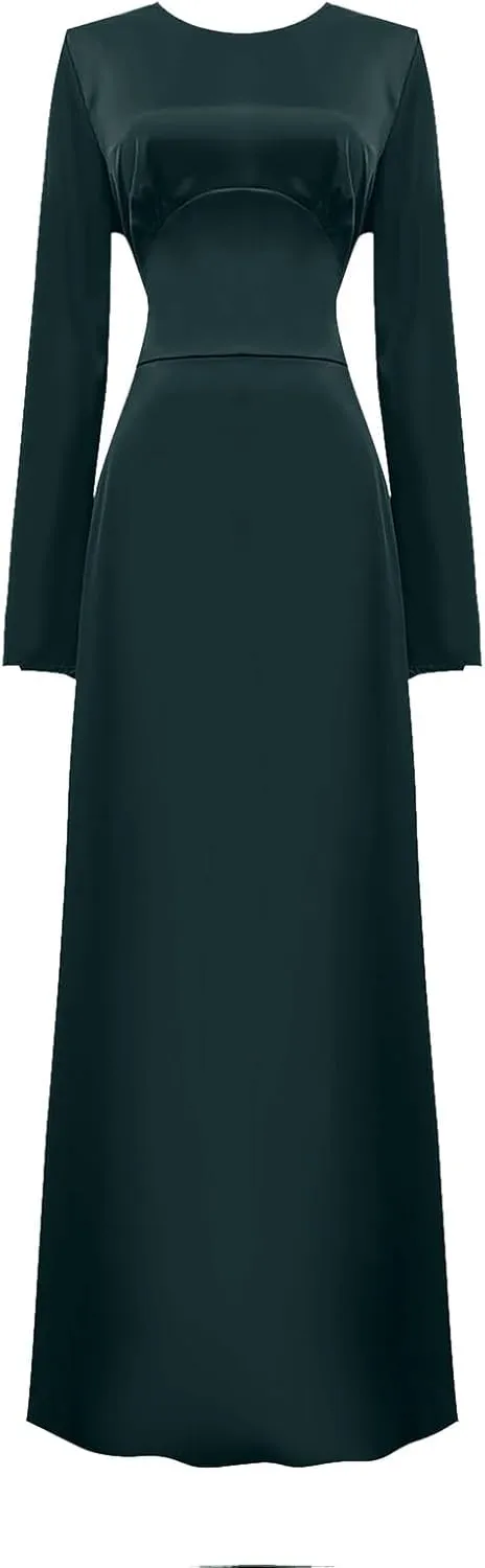 Women's Slip Satin Maxi Dress Elegant Empire Waist Long Dress Full Length Abaya Kaftan Dresses Islamic Robe Dresses