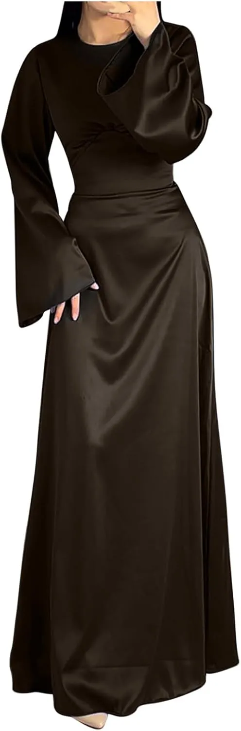 Women's Slip Satin Maxi Dress Elegant Empire Waist Long Dress Full Length Abaya Kaftan Dresses Islamic Robe Dresses