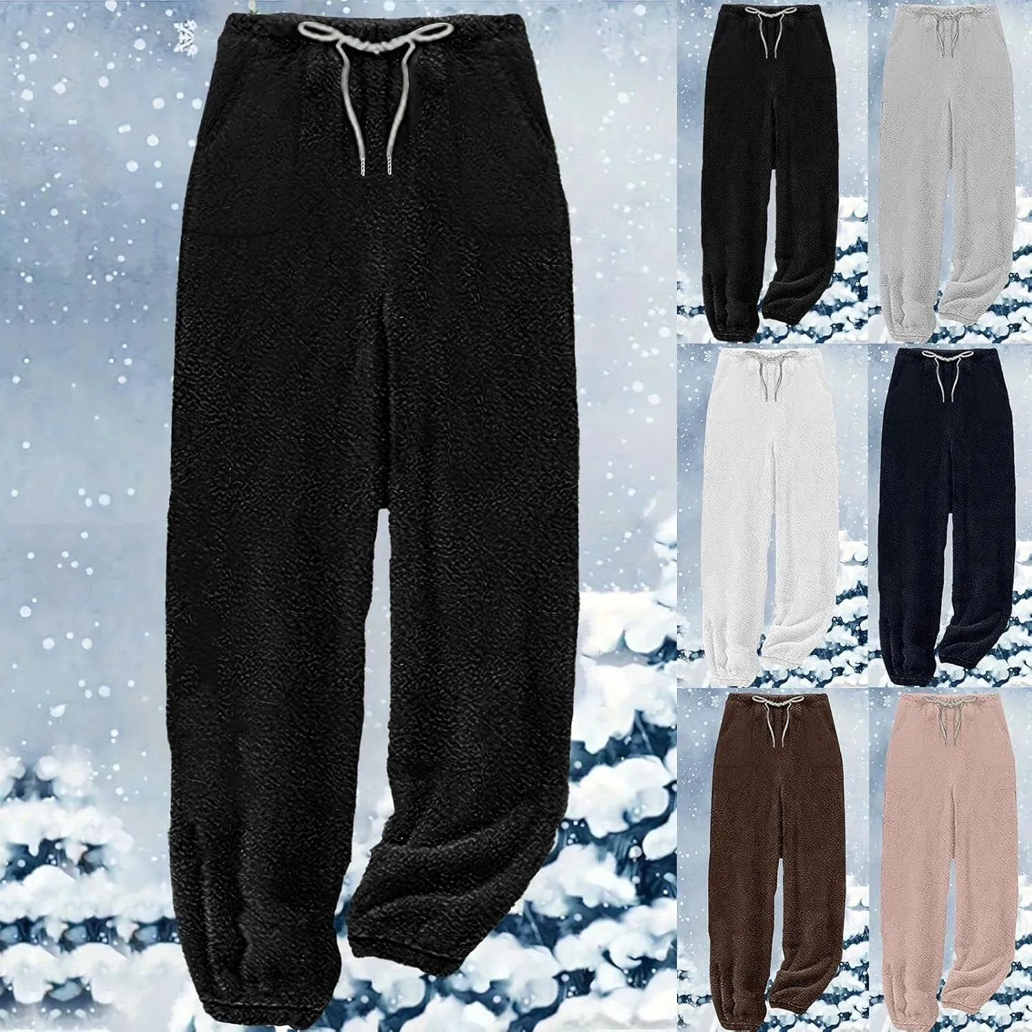 Women's Solid Fleece Lounge Pants Plus Size Elastic Waist Thick Sherpa Warm Pajamas Pants Casual Cozy Pjs Bottoms