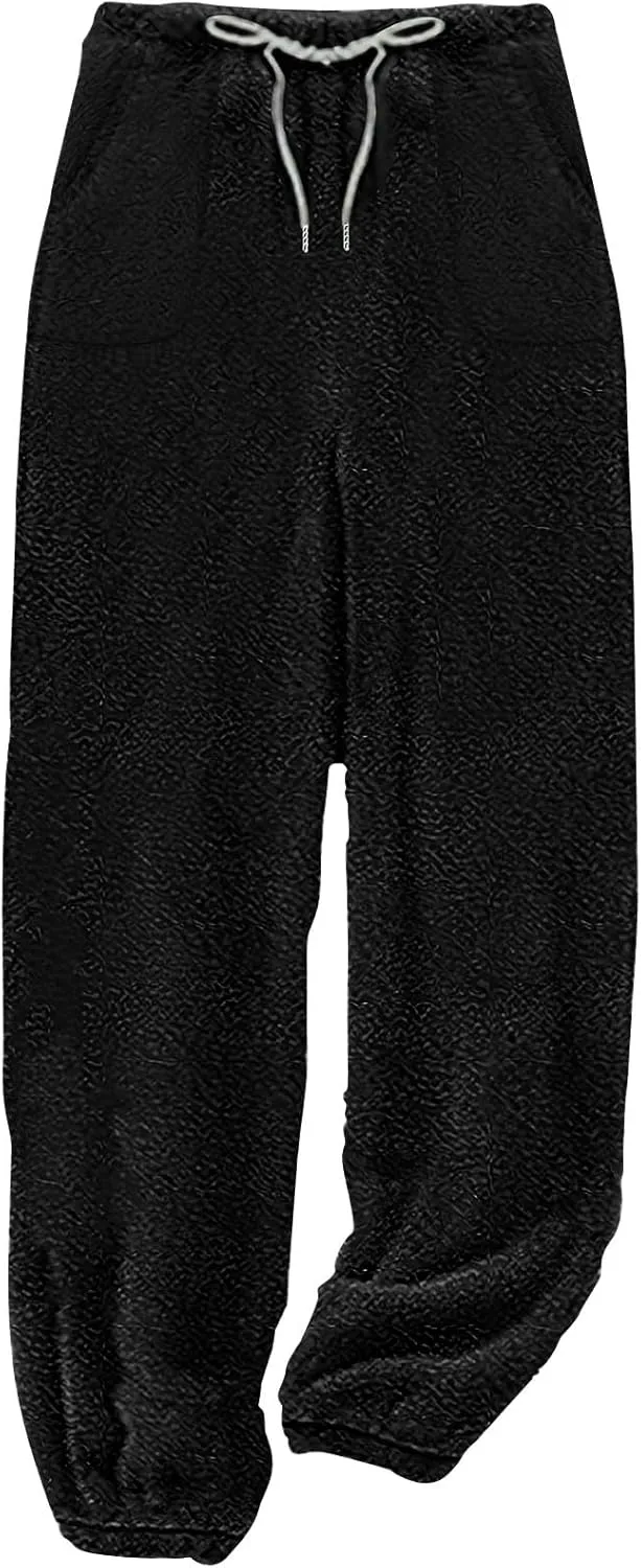 Women's Solid Fleece Lounge Pants Plus Size Elastic Waist Thick Sherpa Warm Pajamas Pants Casual Cozy Pjs Bottoms