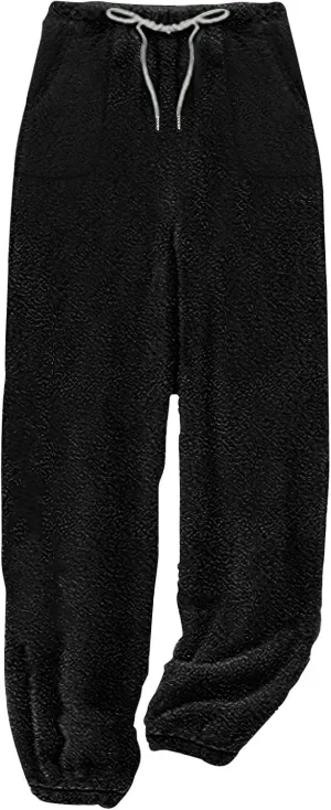 Women's Solid Fleece Lounge Pants Plus Size Elastic Waist Thick Sherpa Warm Pajamas Pants Casual Cozy Pjs Bottoms