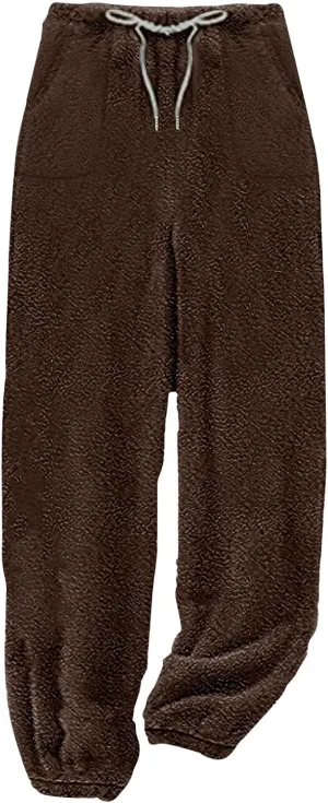 Women's Solid Fleece Lounge Pants Plus Size Elastic Waist Thick Sherpa Warm Pajamas Pants Casual Cozy Pjs Bottoms