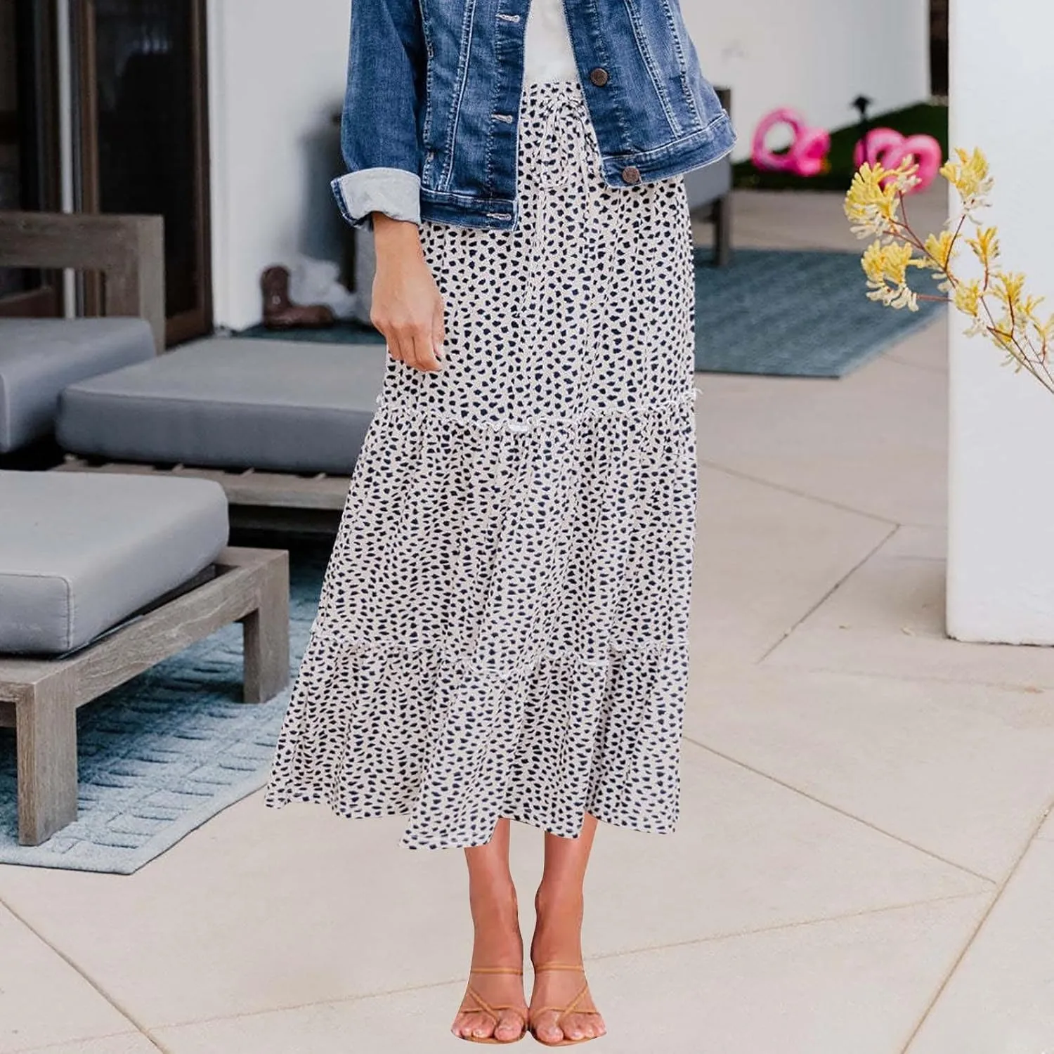 Women's Summer Boho Tiered Maxi Skirt Flowy A-Line Drawstring Elastic Waist Trendy Beach Long Skirts with Pockets
