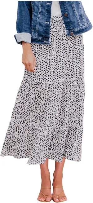 Women's Summer Boho Tiered Maxi Skirt Flowy A-Line Drawstring Elastic Waist Trendy Beach Long Skirts with Pockets
