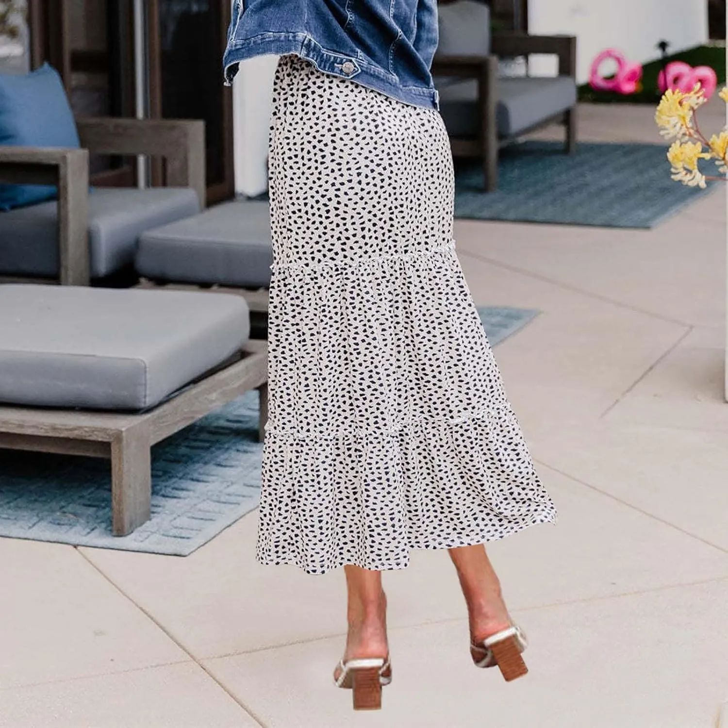 Women's Summer Boho Tiered Maxi Skirt Flowy A-Line Drawstring Elastic Waist Trendy Beach Long Skirts with Pockets