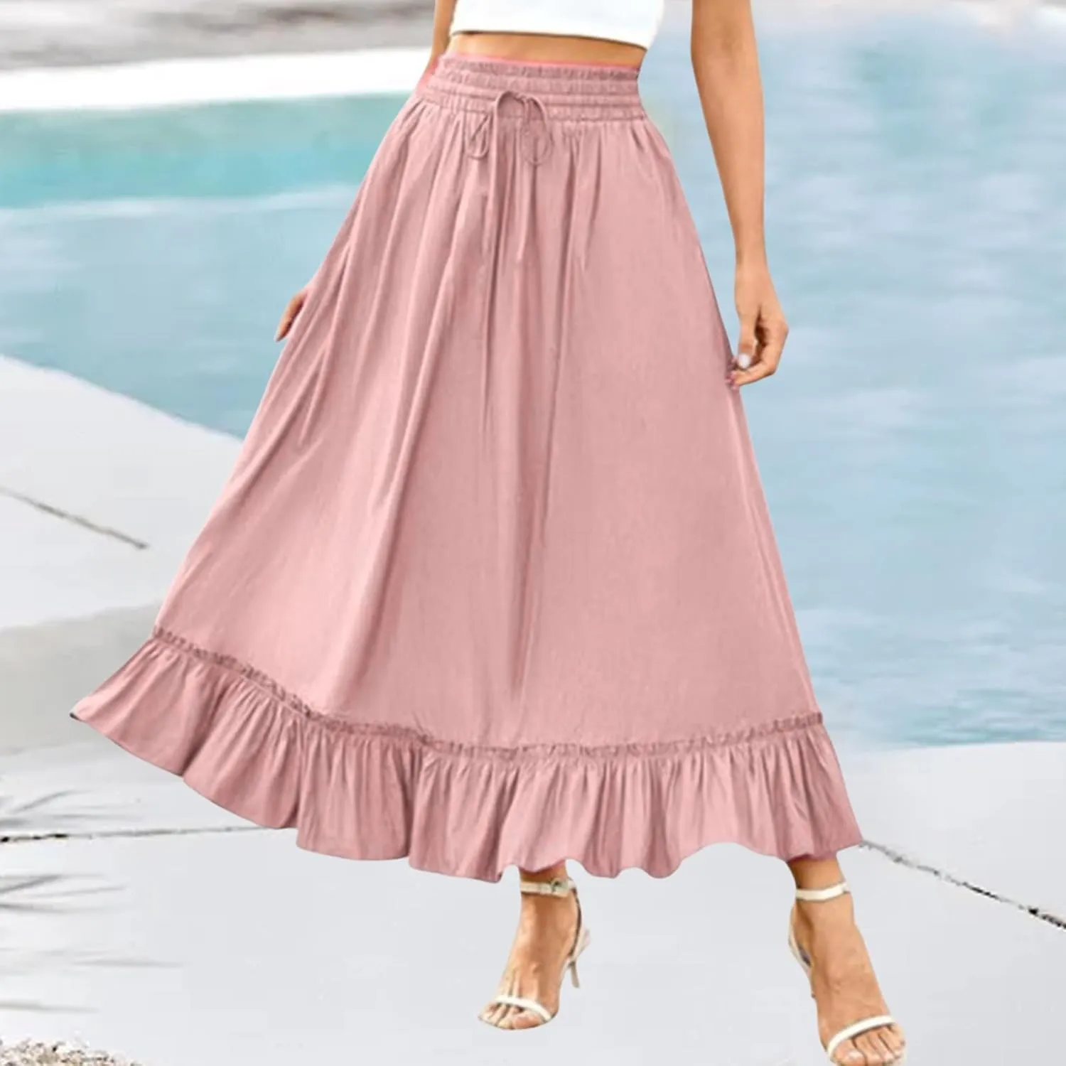 Womens Summer Maxi Skirts Trendy Boho High Waist Drawstring Tiered Ruffle Hem Skirt Casual Flowy A-Line Beach Skirts
