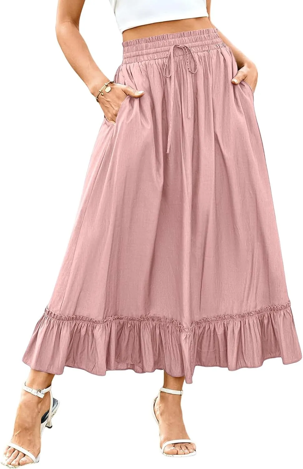 Womens Summer Maxi Skirts Trendy Boho High Waist Drawstring Tiered Ruffle Hem Skirt Casual Flowy A-Line Beach Skirts