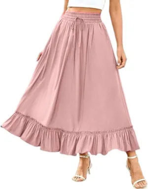 Womens Summer Maxi Skirts Trendy Boho High Waist Drawstring Tiered Ruffle Hem Skirt Casual Flowy A-Line Beach Skirts