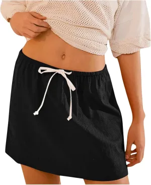 Women's Summer Mini Skirt Drawstring High Waist Casual Loose Fit Short Skirts Beach Vacation Outfits Clothes