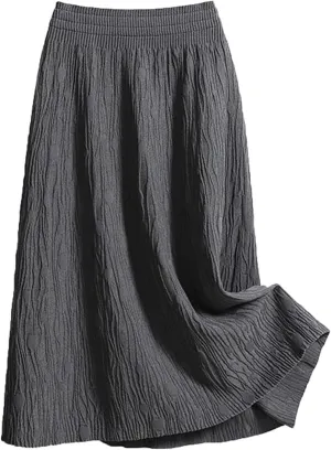 Womens Textured Midi Skirt Casual Loose Fit Flowy Swing A Line Elastic High Waist Long Skirts Summer Beach Outfits