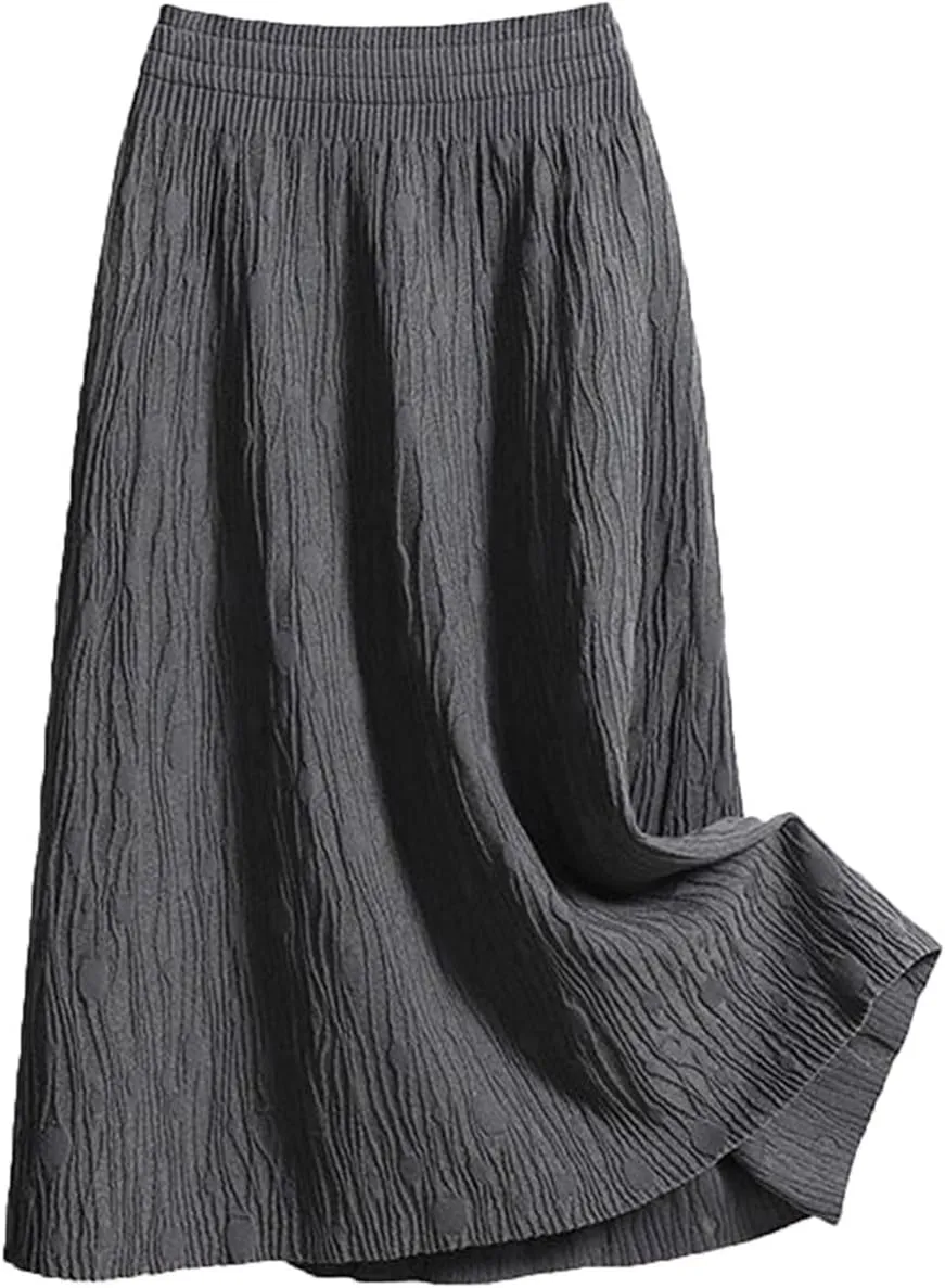 Womens Textured Midi Skirt Casual Loose Fit Flowy Swing A Line Elastic High Waist Long Skirts Summer Beach Outfits