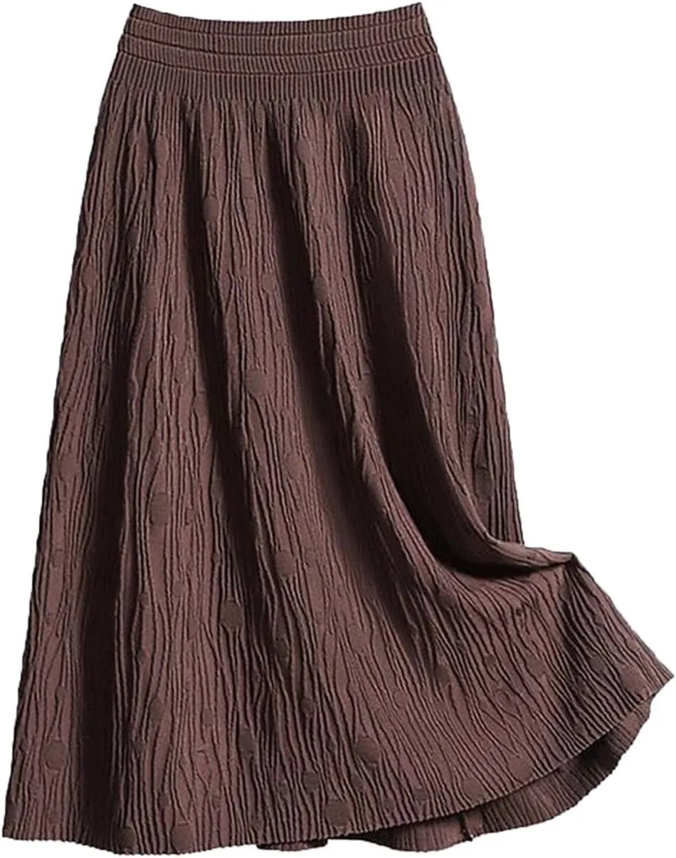 Womens Textured Midi Skirt Casual Loose Fit Flowy Swing A Line Elastic High Waist Long Skirts Summer Beach Outfits