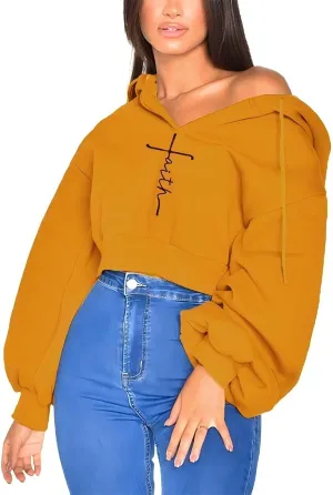 Women's Thick Sports Hoodie, Pullover Hoodie, Crop, Faith Letter Embroidered Hoodie