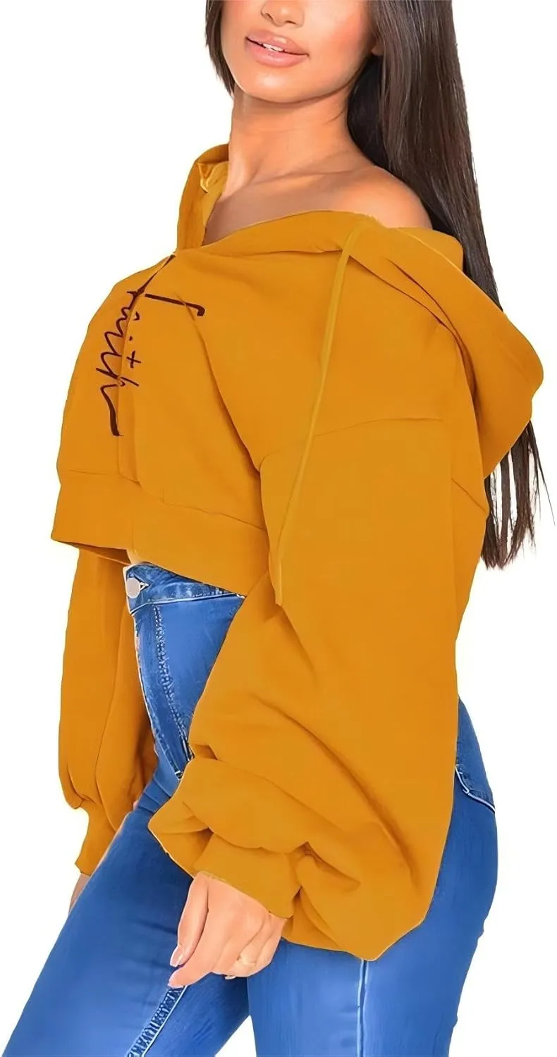 Women's Thick Sports Hoodie, Pullover Hoodie, Crop, Faith Letter Embroidered Hoodie