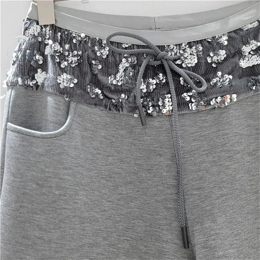 Women's Trousers Loose Patchwork Sequins Causal Loose Wide Leg Drawstring Female Pants