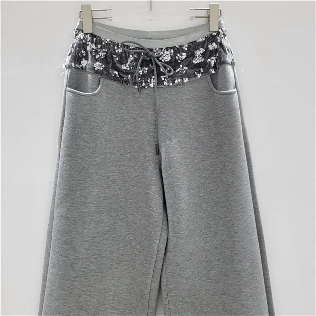 Women's Trousers Loose Patchwork Sequins Causal Loose Wide Leg Drawstring Female Pants