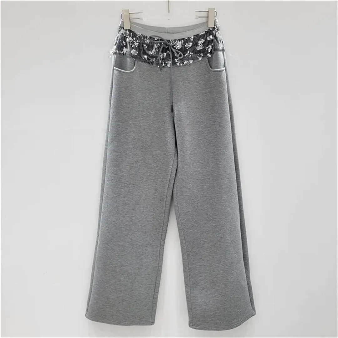 Women's Trousers Loose Patchwork Sequins Causal Loose Wide Leg Drawstring Female Pants