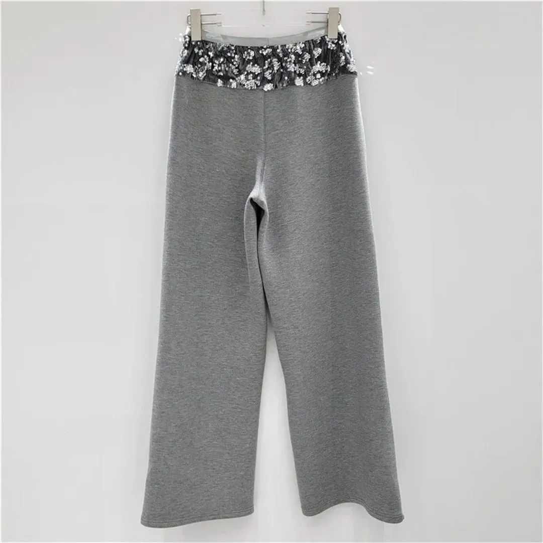 Women's Trousers Loose Patchwork Sequins Causal Loose Wide Leg Drawstring Female Pants