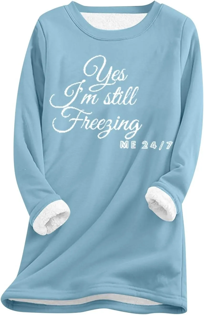 Women's Winter Soft Warm Sherpa Lined Fleece Pullover Crewneck Sweatshirt Pullover Loungewear Tunic Tops