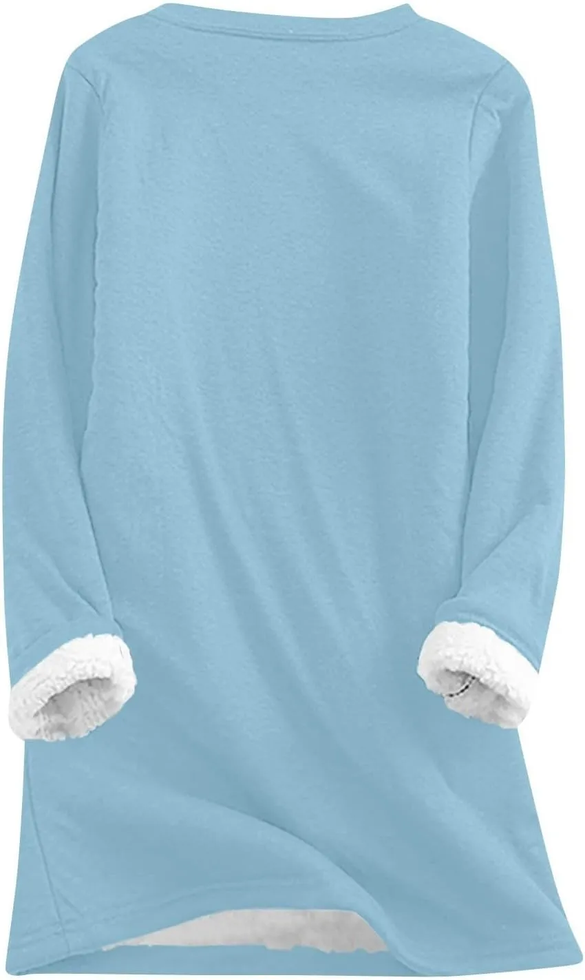 Women's Winter Soft Warm Sherpa Lined Fleece Pullover Crewneck Sweatshirt Pullover Loungewear Tunic Tops