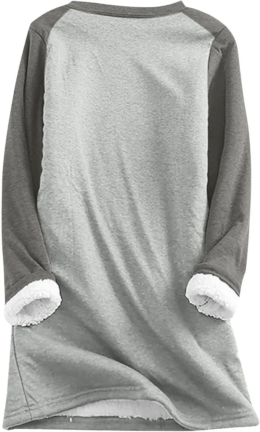 Women's Winter Warm Sherpa Lined Fleece Crewneck Pullover Sweatshirt Loungewear Tunic Tops Underwear
