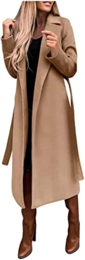 Women's Wool Blend Pea Coats Winter Casual Lapel Trench Coat Open Front Windproof Long Jackets for Women with Belt