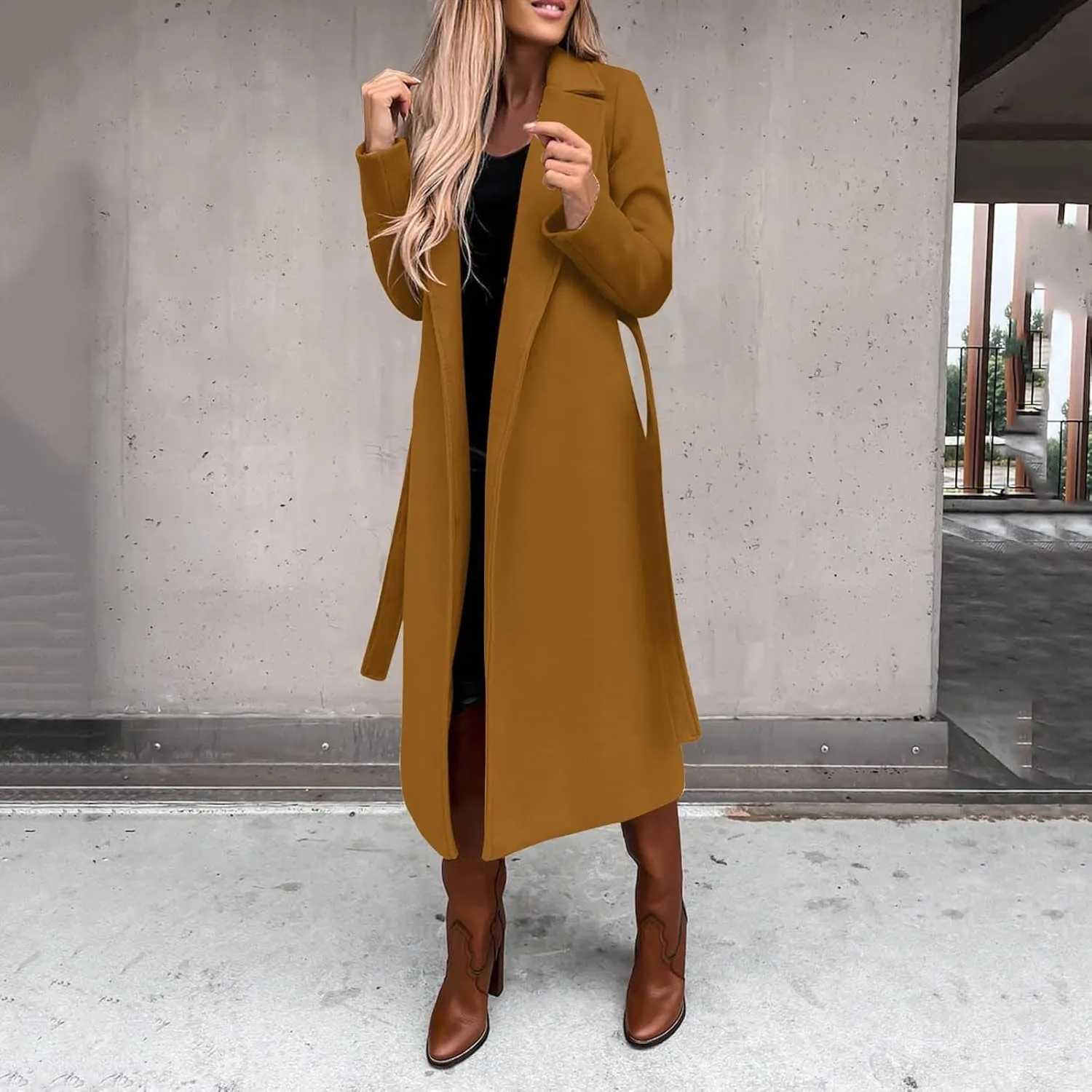 Women's Wool Blend Pea Coats Winter Casual Lapel Trench Coat Open Front Windproof Long Jackets for Women with Belt