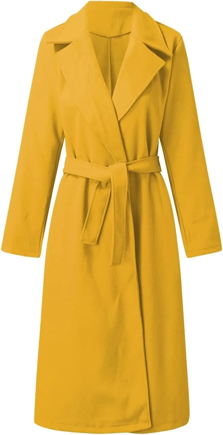 Women's Wool Blend Pea Coats Winter Casual Lapel Trench Coat Open Front Windproof Long Jackets for Women with Belt