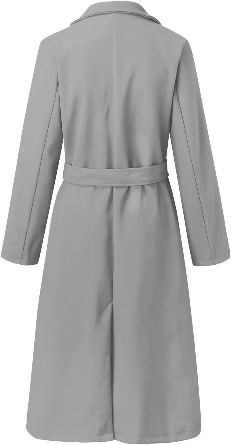 Women's Wool Blend Pea Coats Winter Casual Lapel Trench Coat Open Front Windproof Long Jackets for Women with Belt