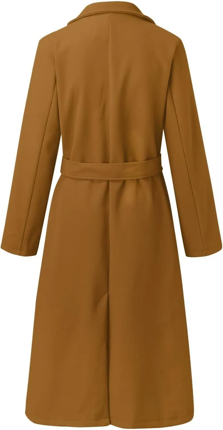 Women's Wool Blend Pea Coats Winter Casual Lapel Trench Coat Open Front Windproof Long Jackets for Women with Belt