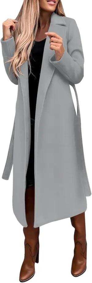 Women's Wool Blend Pea Coats Winter Casual Lapel Trench Coat Open Front Windproof Long Jackets for Women with Belt