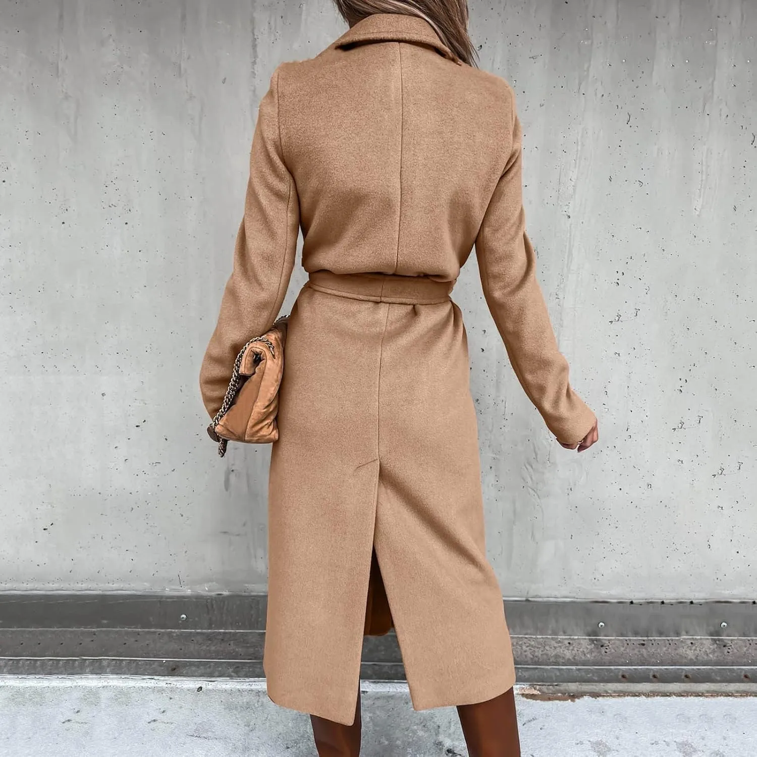 Women's Wool Blend Pea Coats Winter Casual Lapel Trench Coat Open Front Windproof Long Jackets for Women with Belt