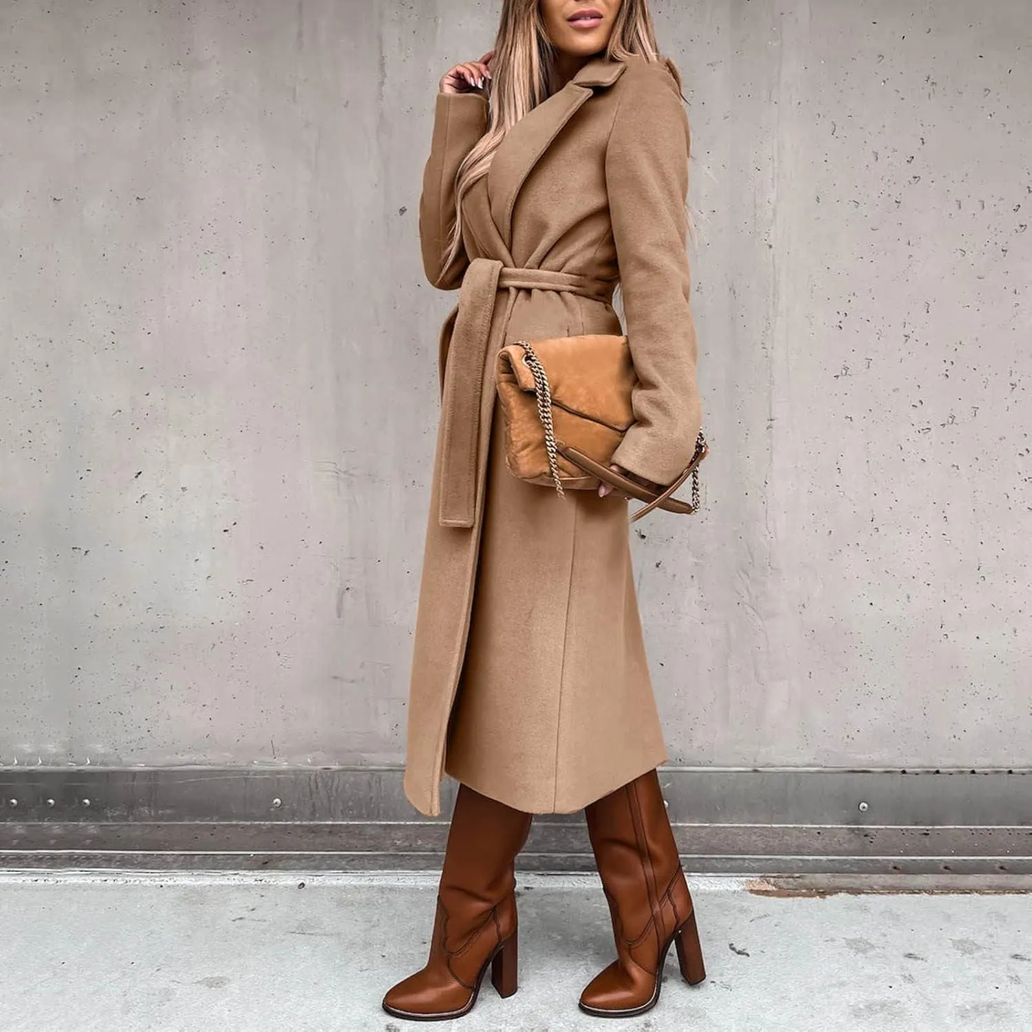 Women's Wool Blend Pea Coats Winter Casual Lapel Trench Coat Open Front Windproof Long Jackets for Women with Belt