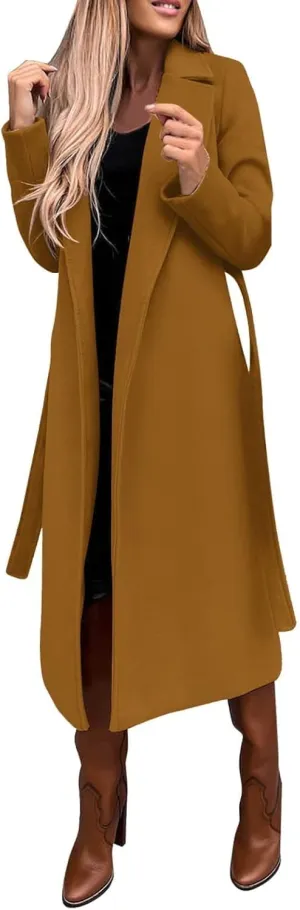 Women's Wool Blend Pea Coats Winter Casual Lapel Trench Coat Open Front Windproof Long Jackets for Women with Belt