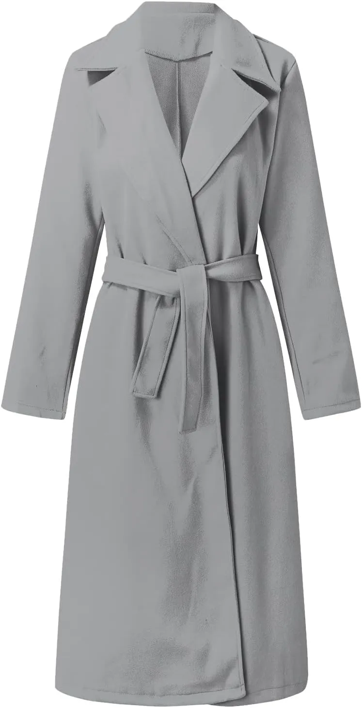 Women's Wool Blend Pea Coats Winter Casual Lapel Trench Coat Open Front Windproof Long Jackets for Women with Belt