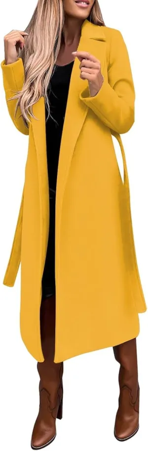 Women's Wool Blend Pea Coats Winter Casual Lapel Trench Coat Open Front Windproof Long Jackets for Women with Belt