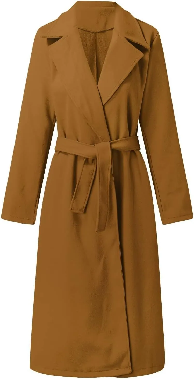 Women's Wool Blend Pea Coats Winter Casual Lapel Trench Coat Open Front Windproof Long Jackets for Women with Belt