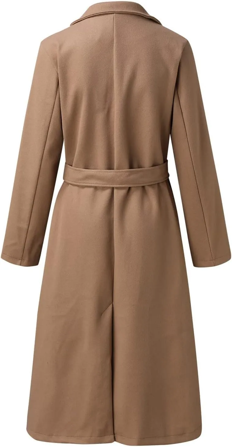Women's Wool Blend Pea Coats Winter Casual Lapel Trench Coat Open Front Windproof Long Jackets for Women with Belt