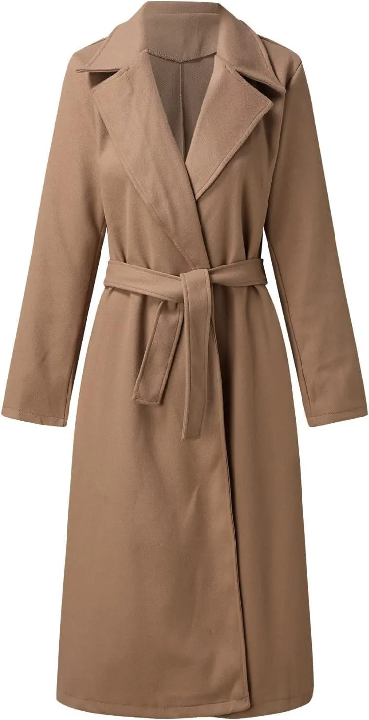 Women's Wool Blend Pea Coats Winter Casual Lapel Trench Coat Open Front Windproof Long Jackets for Women with Belt