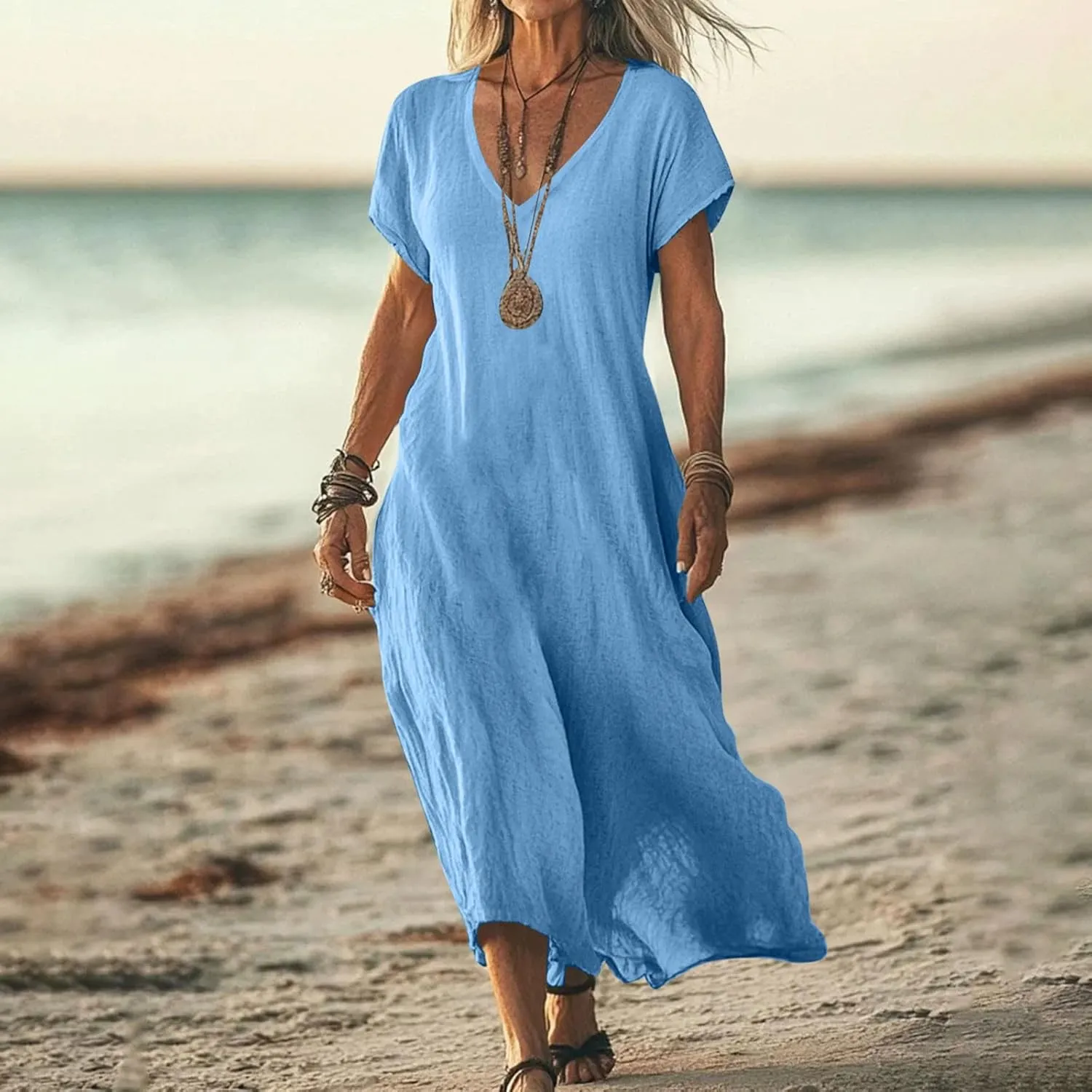 Xiaojmake 2025 Linen Casual Dresses for Women V Neck Short Sleeve Flowy Maxi Dress Lightweight Summer Beach Vacation Outfits