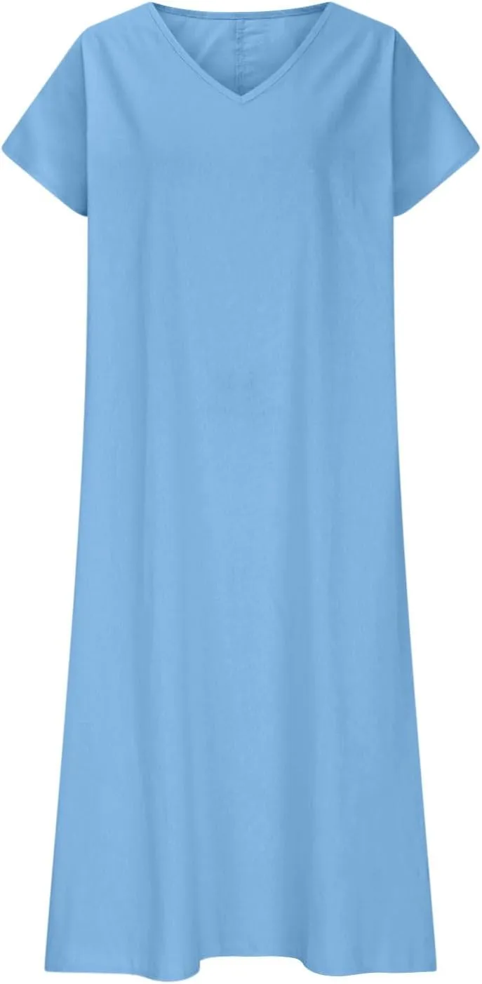 Xiaojmake 2025 Linen Casual Dresses for Women V Neck Short Sleeve Flowy Maxi Dress Lightweight Summer Beach Vacation Outfits