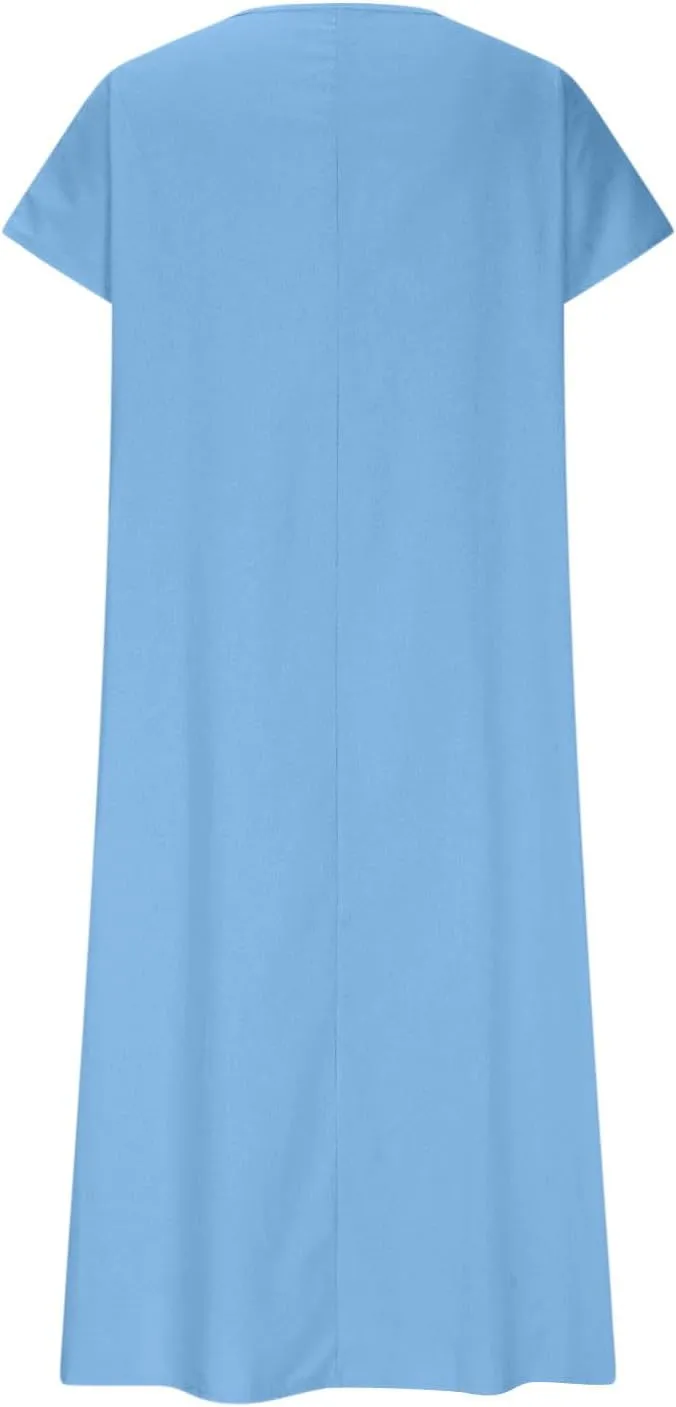 Xiaojmake 2025 Linen Casual Dresses for Women V Neck Short Sleeve Flowy Maxi Dress Lightweight Summer Beach Vacation Outfits