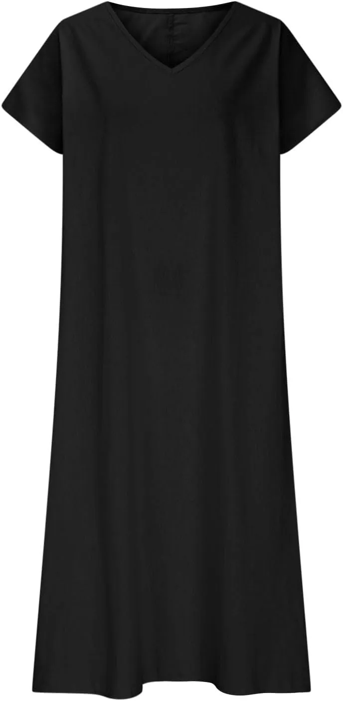 Xiaojmake 2025 Linen Casual Dresses for Women V Neck Short Sleeve Flowy Maxi Dress Lightweight Summer Beach Vacation Outfits