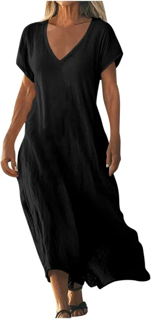 Xiaojmake 2025 Linen Casual Dresses for Women V Neck Short Sleeve Flowy Maxi Dress Lightweight Summer Beach Vacation Outfits