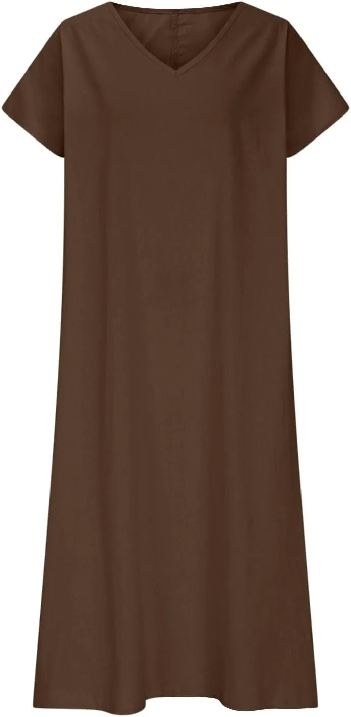 Xiaojmake 2025 Linen Casual Dresses for Women V Neck Short Sleeve Flowy Maxi Dress Lightweight Summer Beach Vacation Outfits