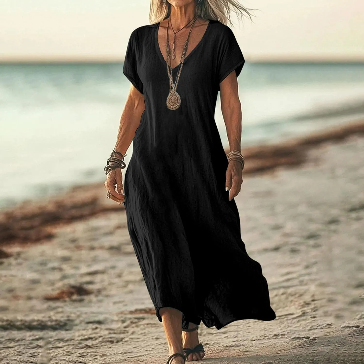 Xiaojmake 2025 Linen Casual Dresses for Women V Neck Short Sleeve Flowy Maxi Dress Lightweight Summer Beach Vacation Outfits