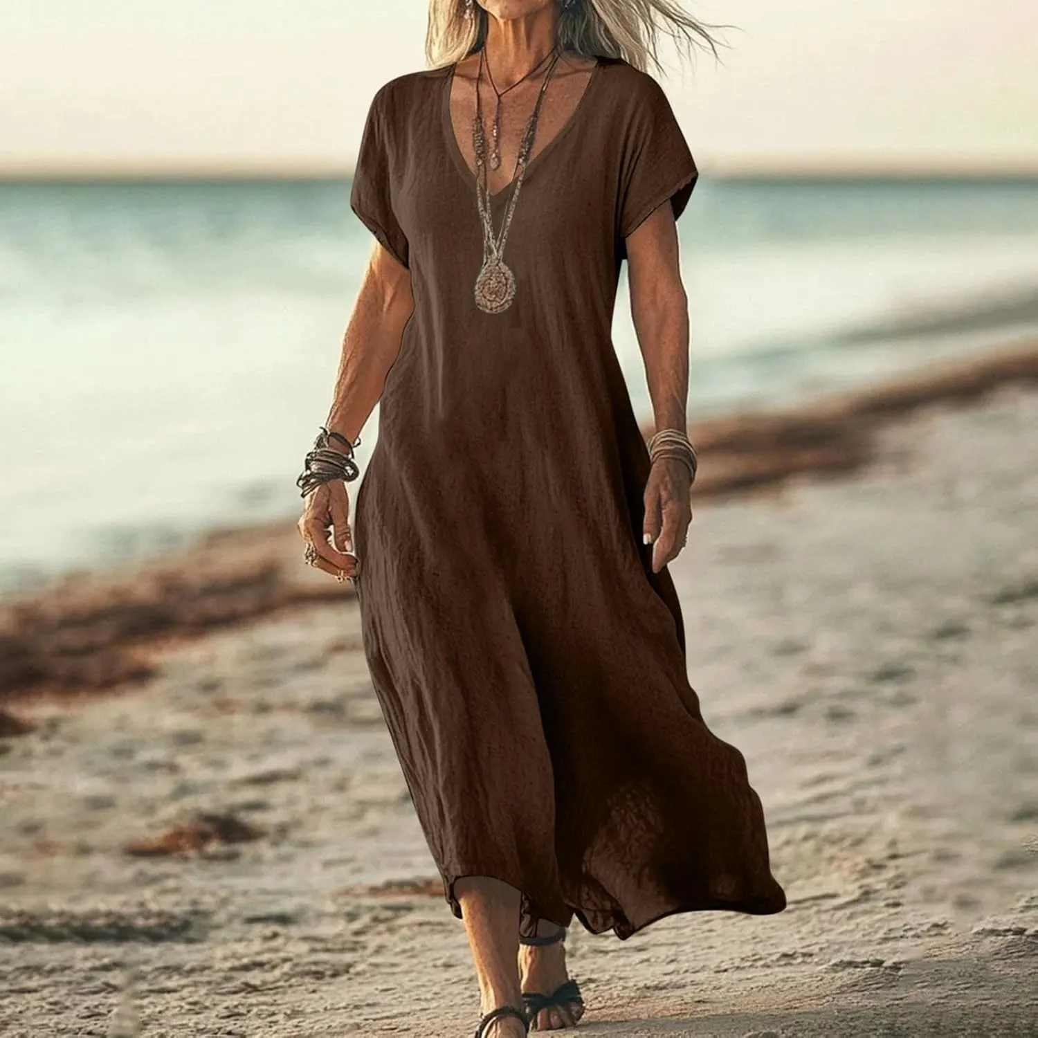 Xiaojmake 2025 Linen Casual Dresses for Women V Neck Short Sleeve Flowy Maxi Dress Lightweight Summer Beach Vacation Outfits